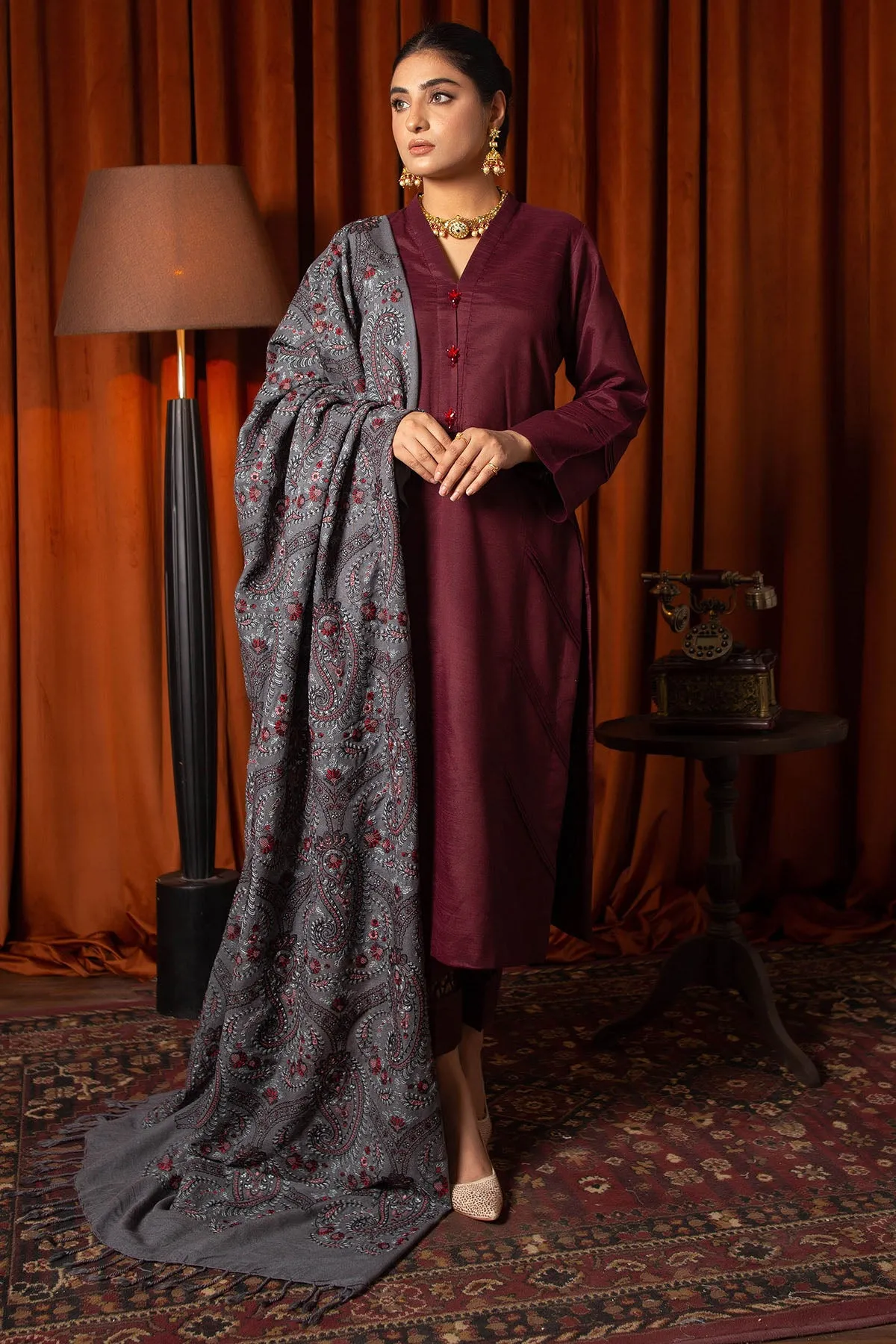 3088-ELINOR EMBROIDERED BLEND WOOL SHAWL UNSTITCHED