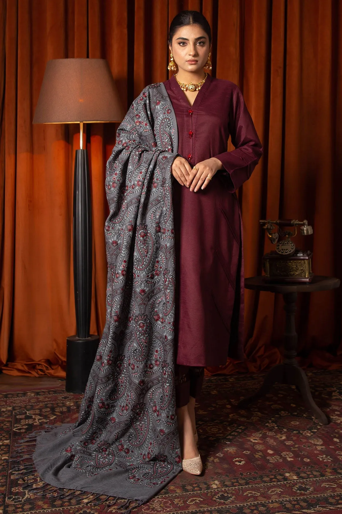 3088-ELINOR EMBROIDERED BLEND WOOL SHAWL UNSTITCHED