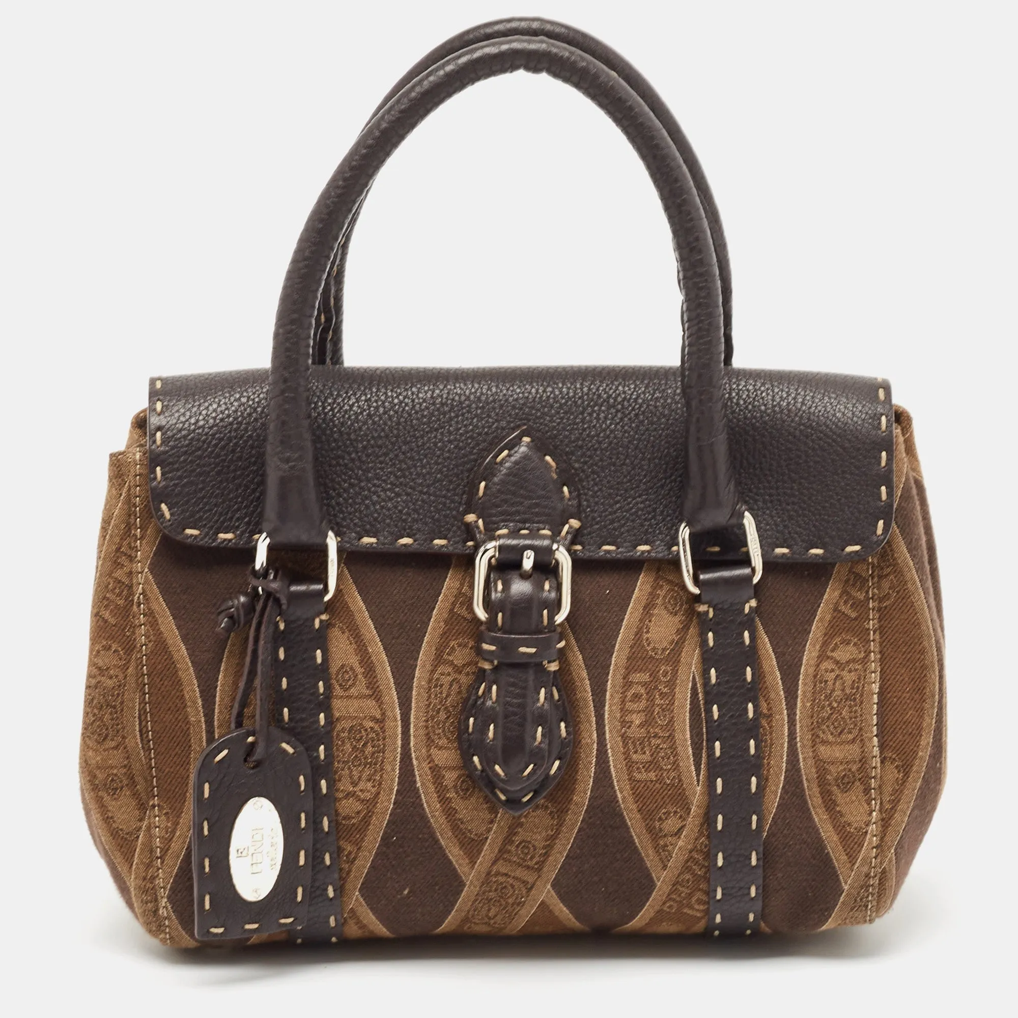 Fendi Brown/beige Logo Fabric And Selleria Leather Linda Satchel