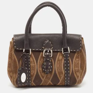 Fendi Brown/beige Logo Fabric And Selleria Leather Linda Satchel