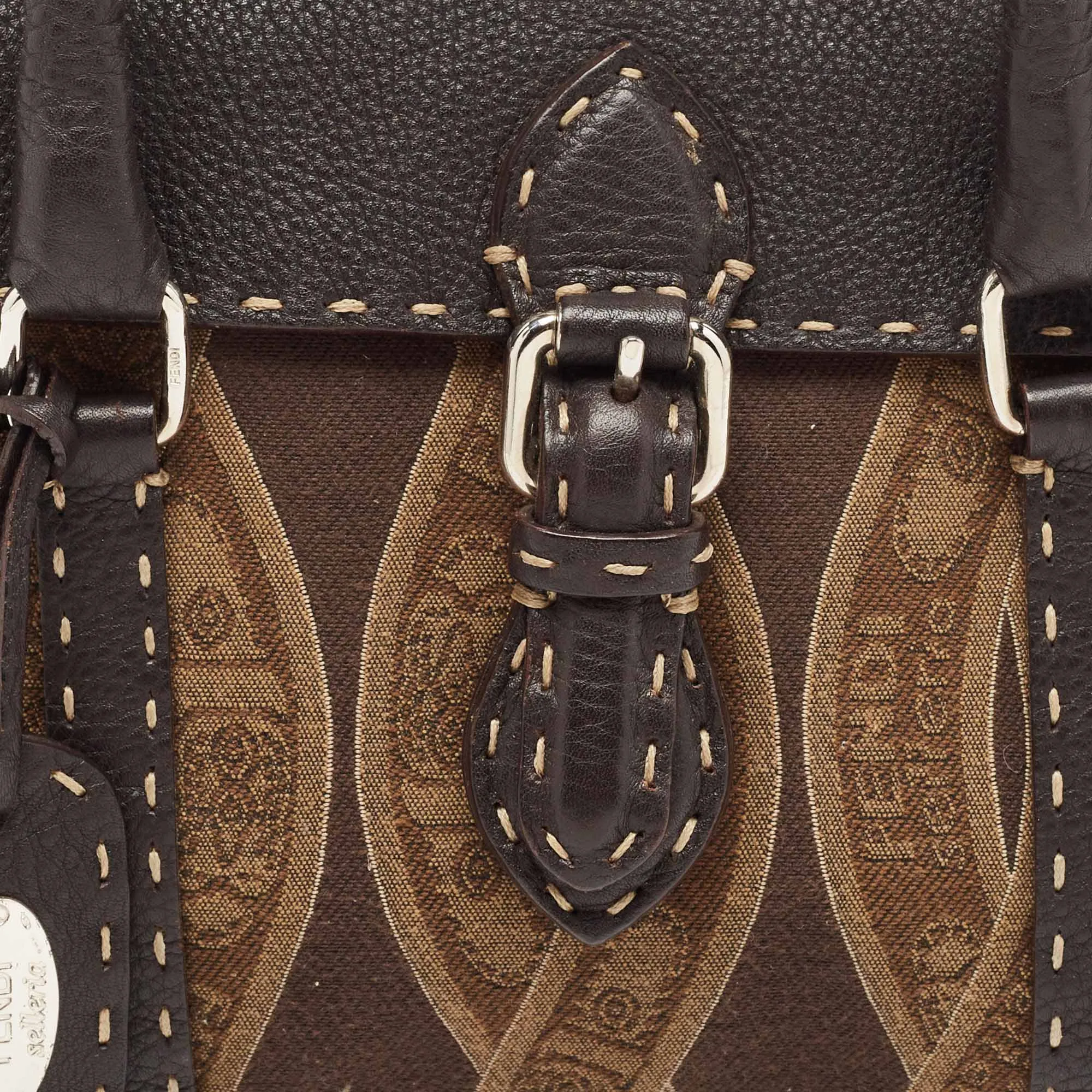 Fendi Brown/beige Logo Fabric And Selleria Leather Linda Satchel