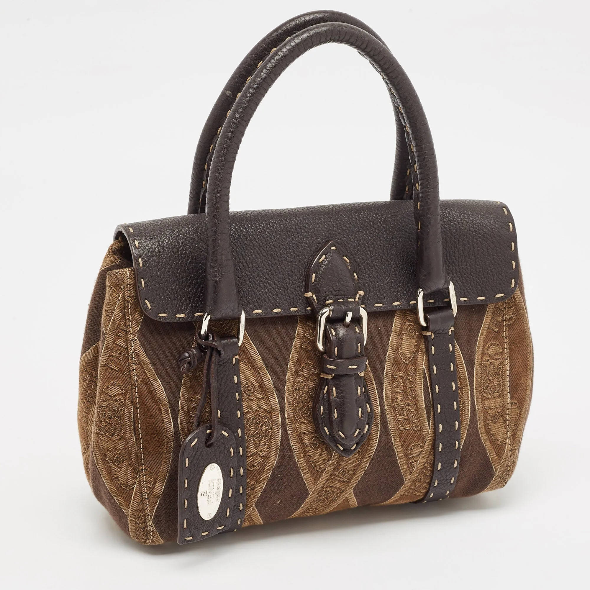 Fendi Brown/beige Logo Fabric And Selleria Leather Linda Satchel