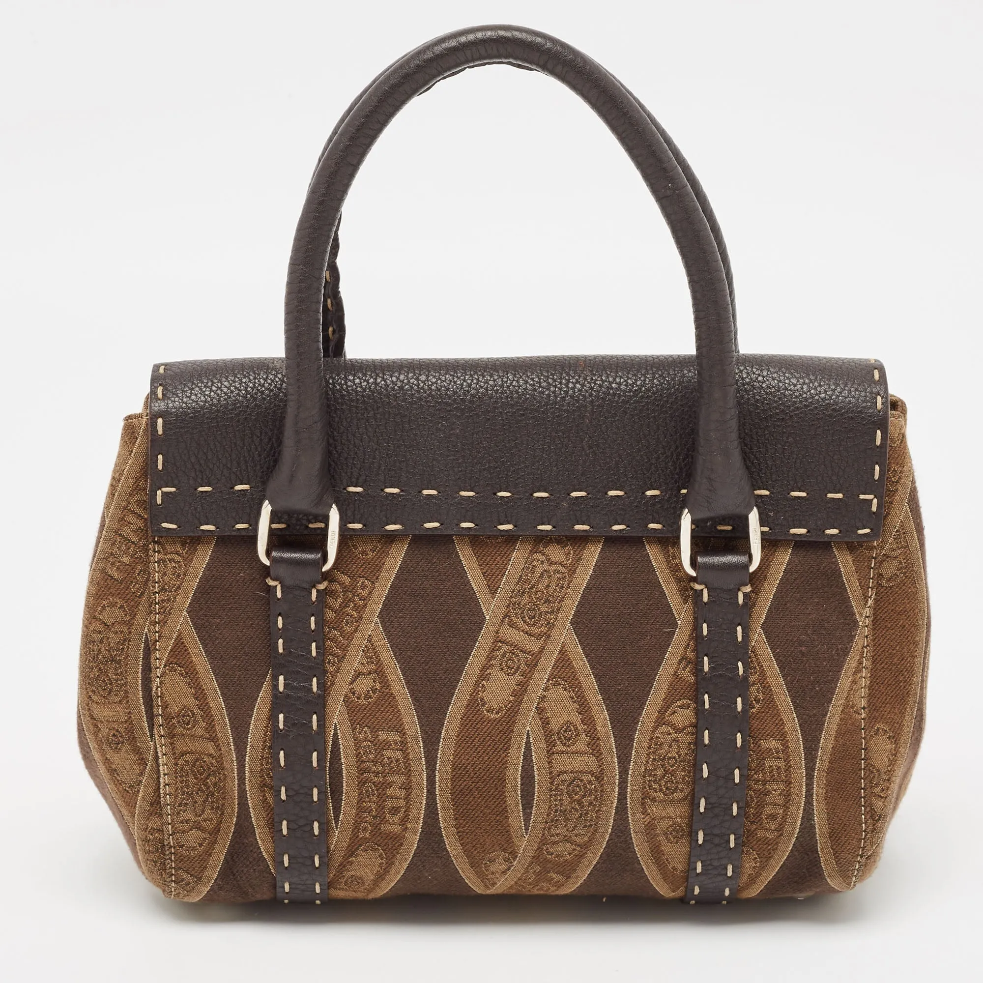 Fendi Brown/beige Logo Fabric And Selleria Leather Linda Satchel