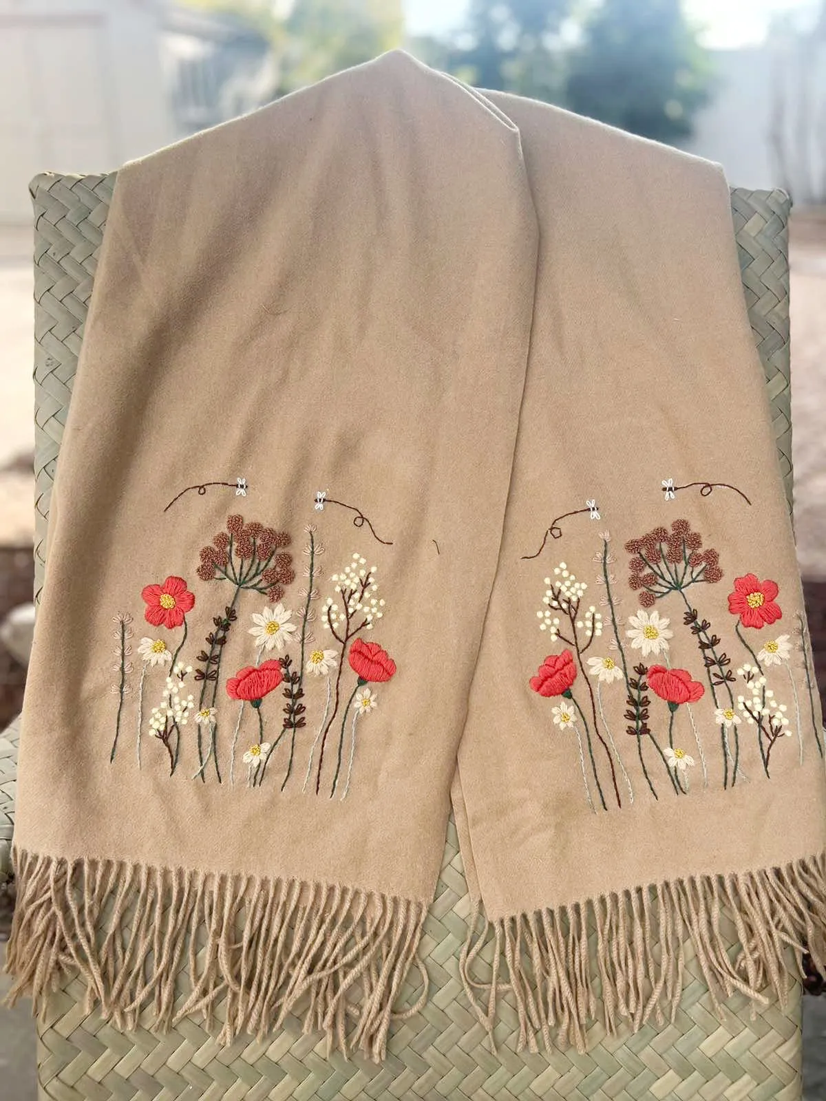 Flower Garden Hand-Embroidered Cashmere Beige Scarf