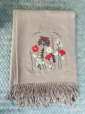 Flower Garden Hand-Embroidered Cashmere Beige Scarf