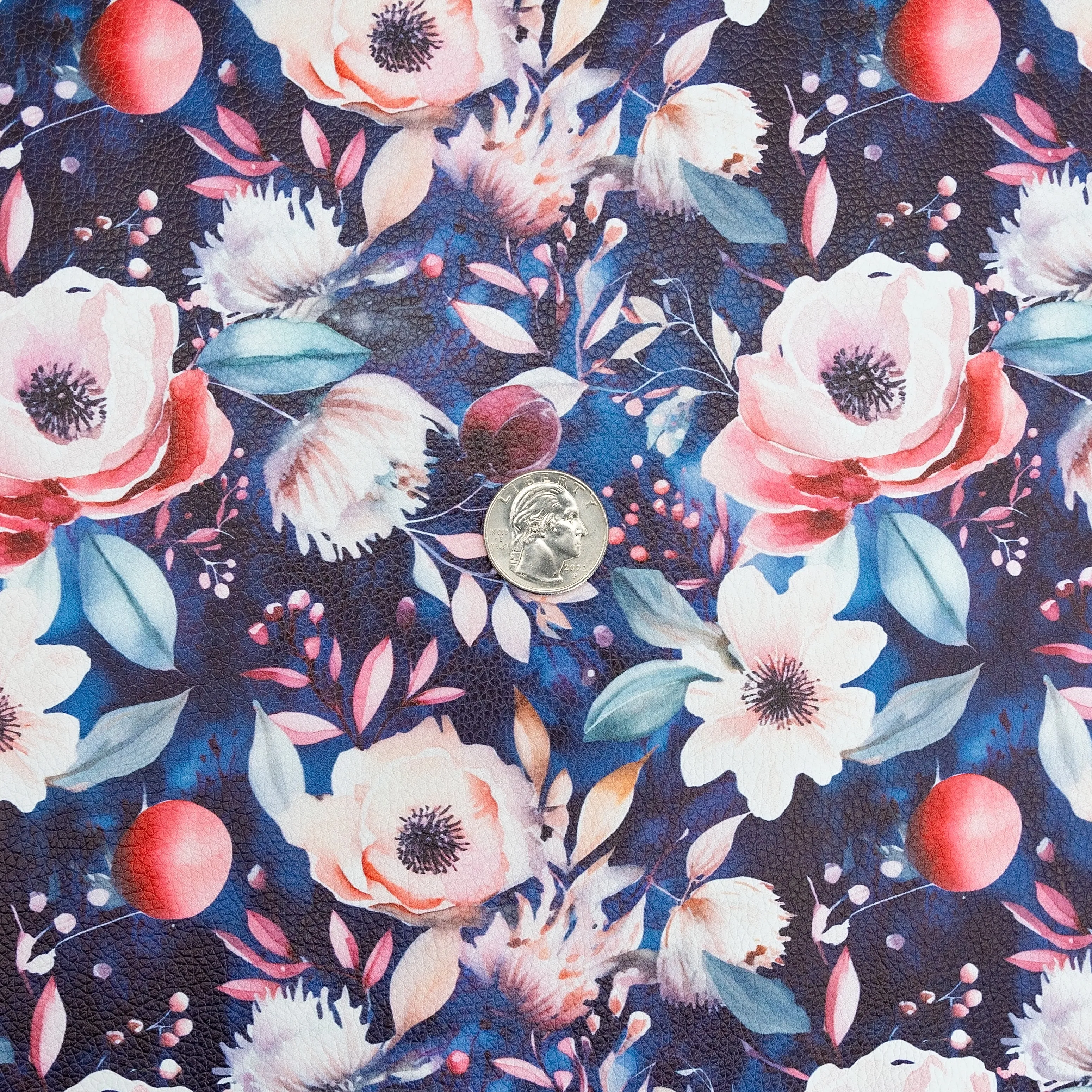 Peaches & Cream Floral on Navy Printed Vinyl 18" x 53" Roll | Pebble Texture