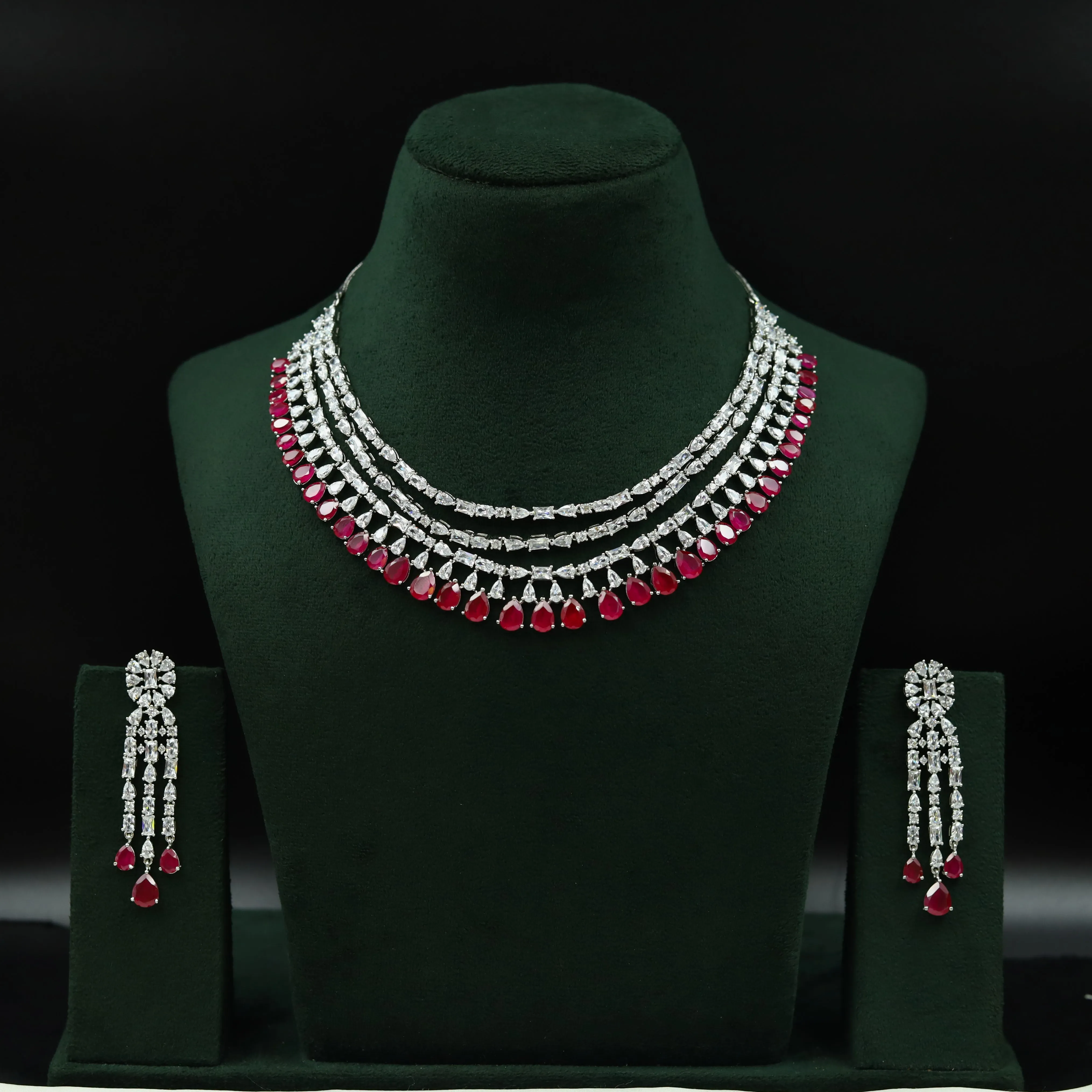 Round Neck Layered Zircon/AD Necklace Set 11908-69