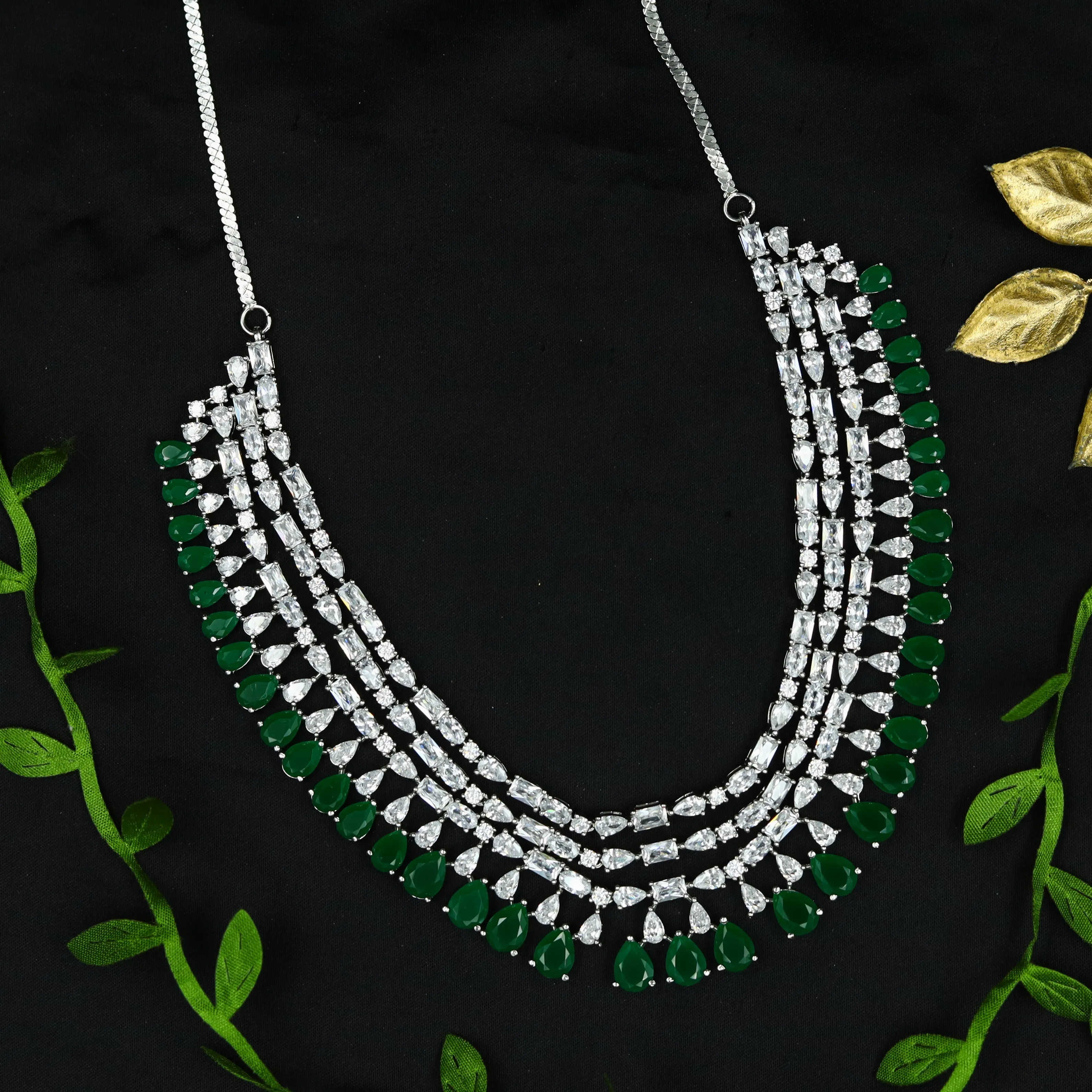 Round Neck Layered Zircon/AD Necklace Set 11908-69